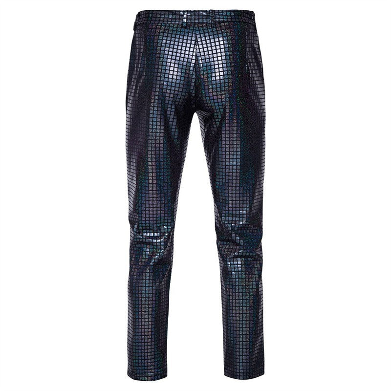 Novas Calças Masculinas Luxuosas de Terno Xadrez com Lantejoulas Moda Masculina Festa de Dança Bar KTV Casual Calças Pequenas Elásticas