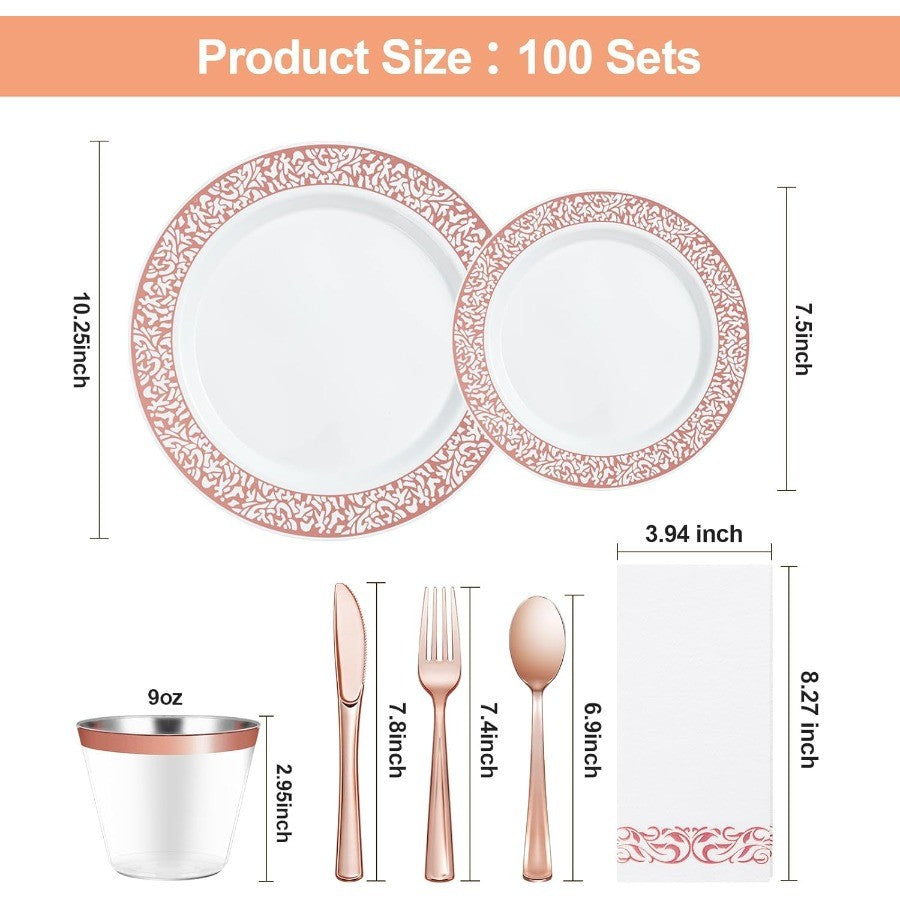 700 Peças de Utensílios de Mesa de Plástico Ouro Rosé para 100 Convidados, Pratos Descartáveis para Festa de Casamento Incluindo 100 Pratos de Jantar Rosé 100 D