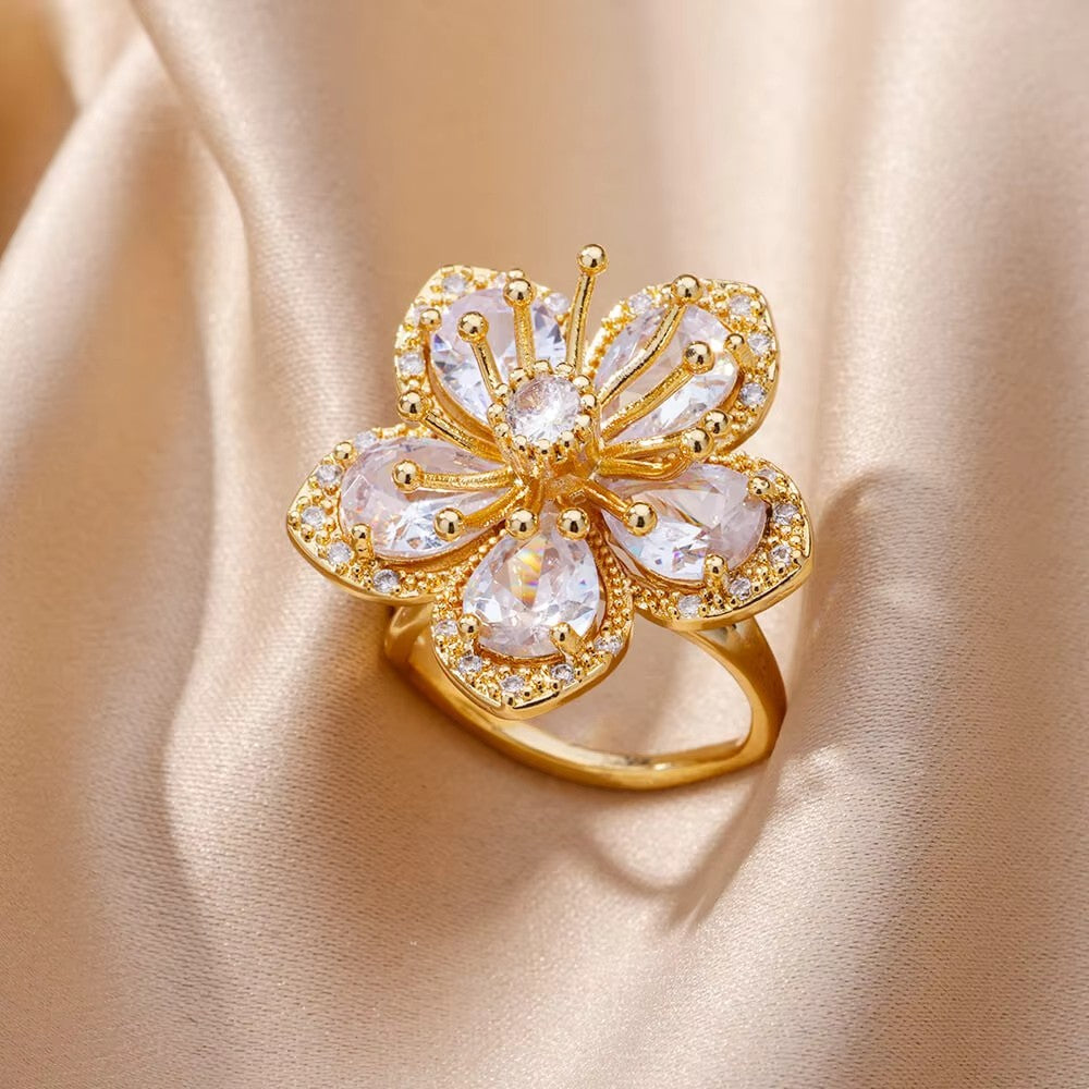 Anéis de Luxo em Aço Inoxidável Banhado a Ouro Pedra Colorida Zircônia Cristal Coração Anel Feminino Casamento Joias Boho Presente de Natal