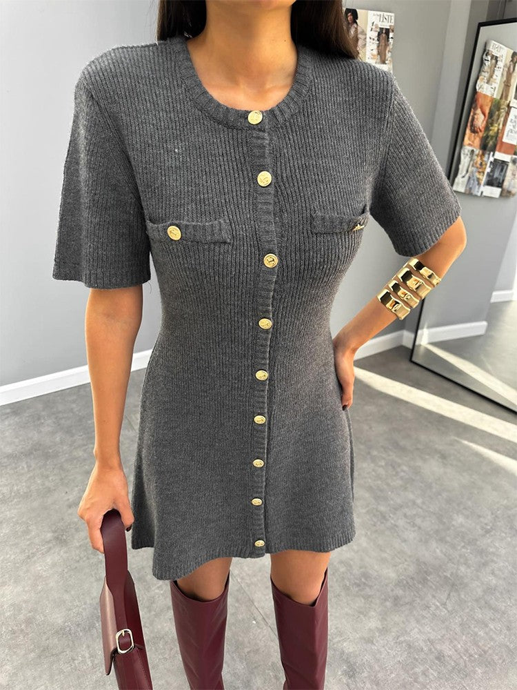 Trendix Elegant Knit Mini Dress Women Street Slim High Waist Short Sleeve Rib Sw
