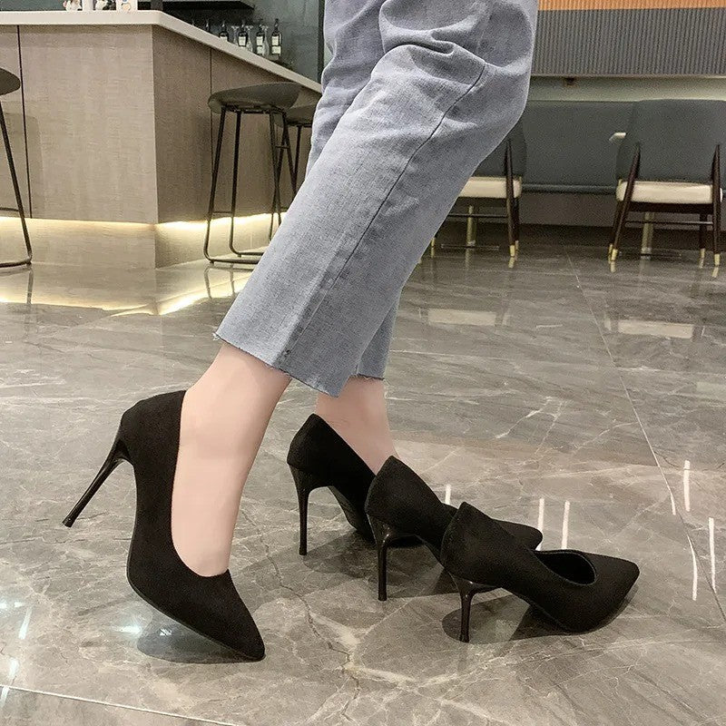 Primavera e outono novos sapatos femininos de salto alto preto, boca rasa pontiaguda fina com temperamento sexy, sapatos únicos, Zapatos De Mujer