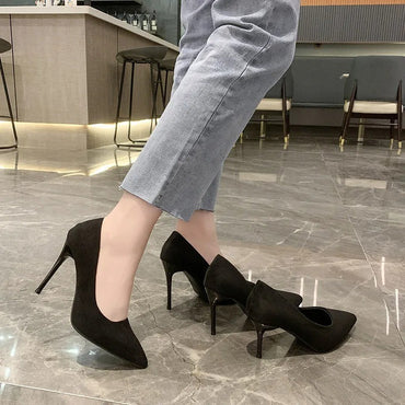 Primavera e outono novos sapatos femininos de salto alto preto, boca rasa pontiaguda fina com temperamento sexy, sapatos únicos, Zapatos De Mujer