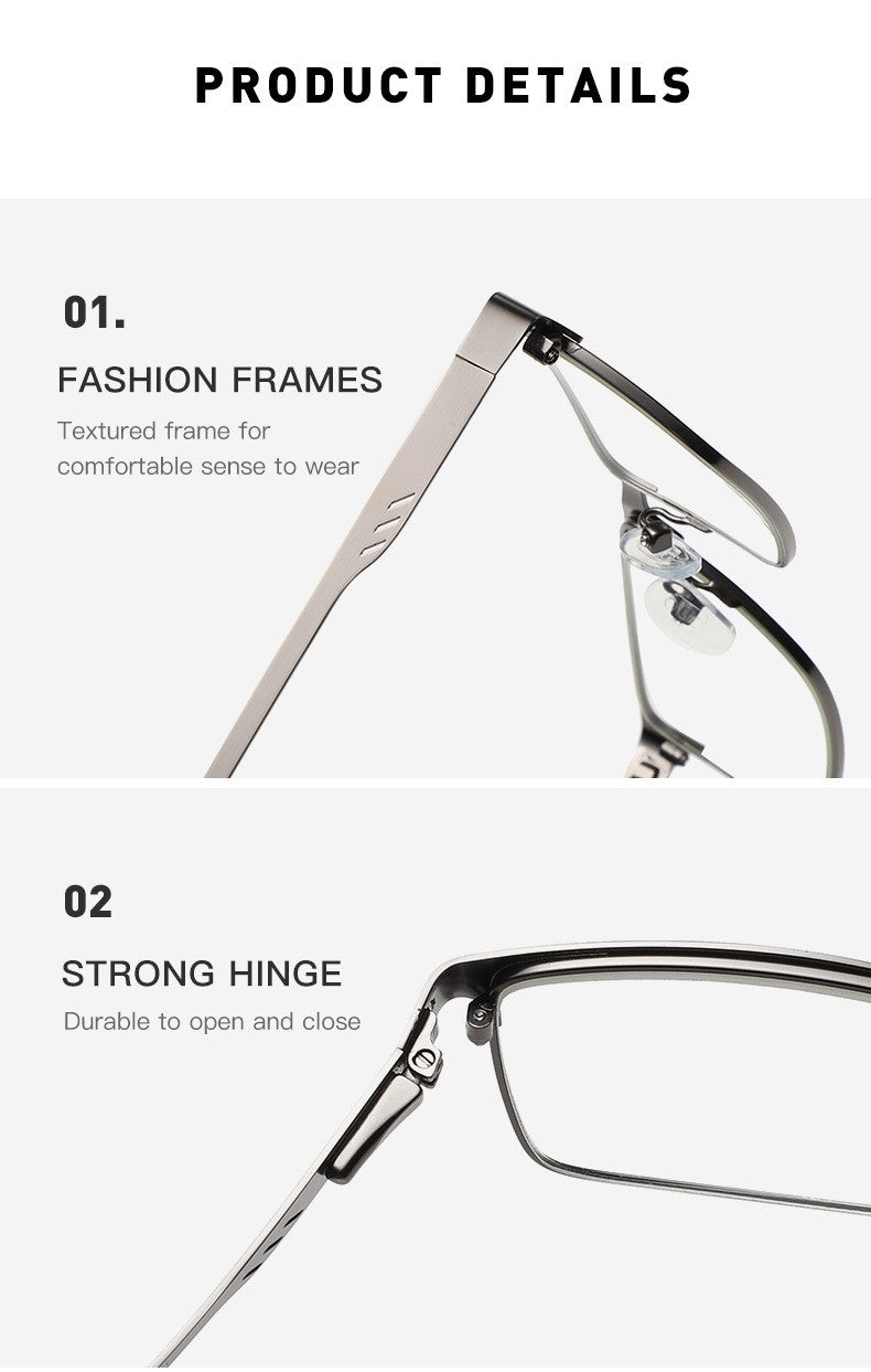 Óculos de Leitura Masculinos Retangulares de Metal com Armação Grande, Hastes Flexíveis, Óculos de Presbiopia para Idosos com Bloqueio de Luz Azul e Proteção para os Olhos