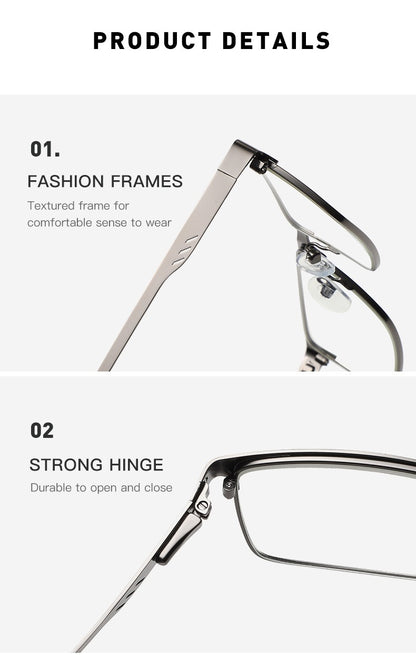 Óculos de Leitura Masculinos Retangulares de Metal com Armação Grande, Hastes Flexíveis, Óculos de Presbiopia para Idosos com Bloqueio de Luz Azul e Proteção para os Olhos