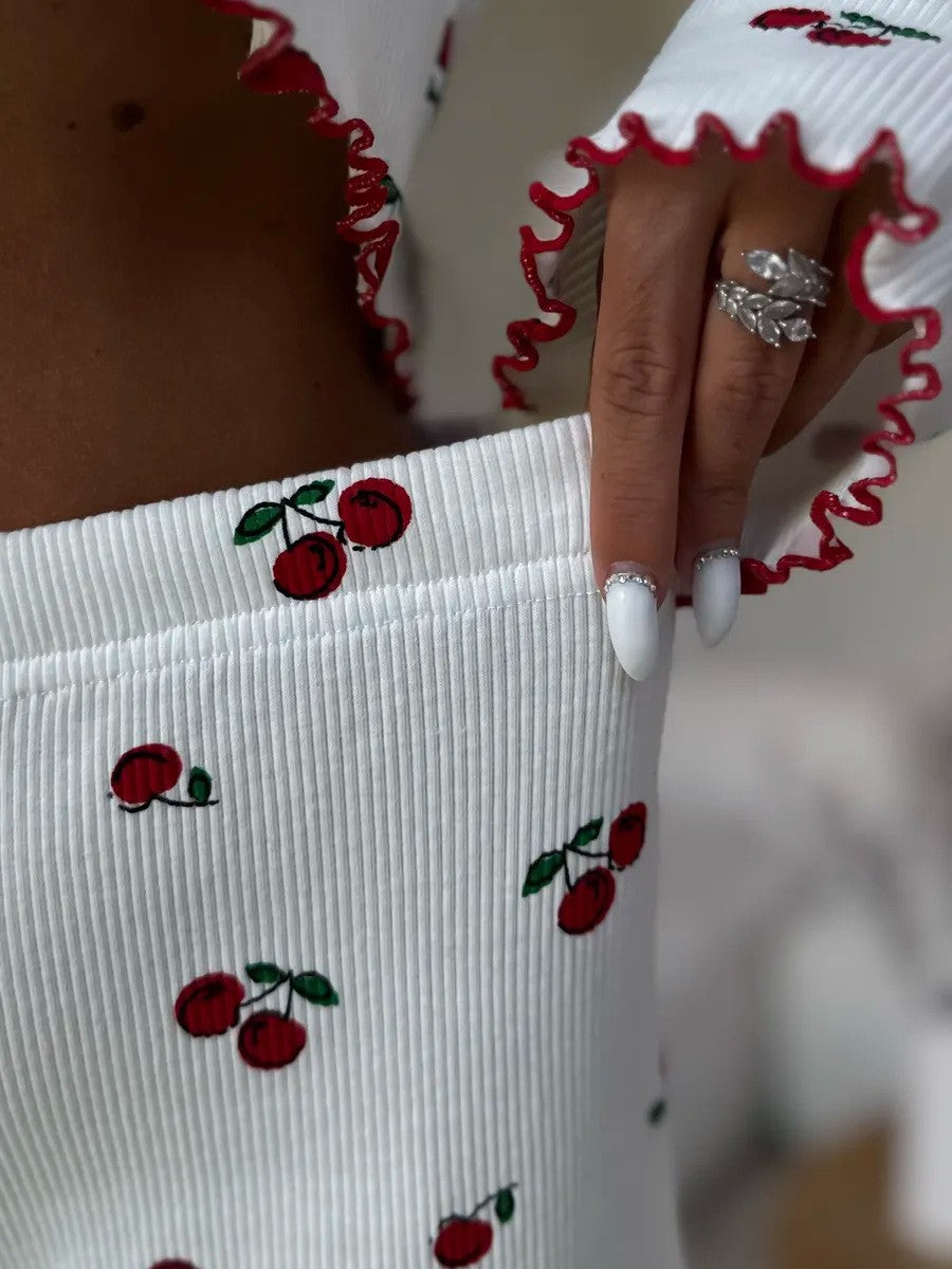 Lace Trim Women Pajama Set Short Sleeve Front Button Top & Full-Length Pants Cherry Print 2 Pieces Sleepwear Nightwear Homewear