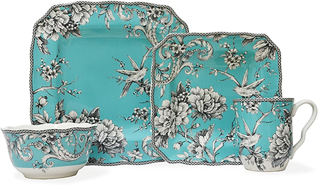 Adelaide 16-Piece Square Floral Dinnerware Set - Service for 4, Turquoise Porcelain Plate, Bowl & Mug Set, Chip Resistant, for E