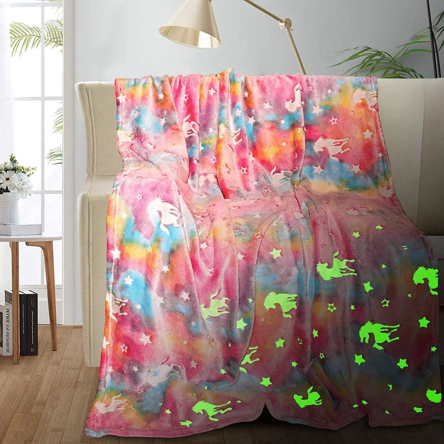 Manta de Flanela de Dinossauro Unicórnio Luminoso para Meninas e Meninos Que Brilha no Escuro Macia para Árvore de Natal