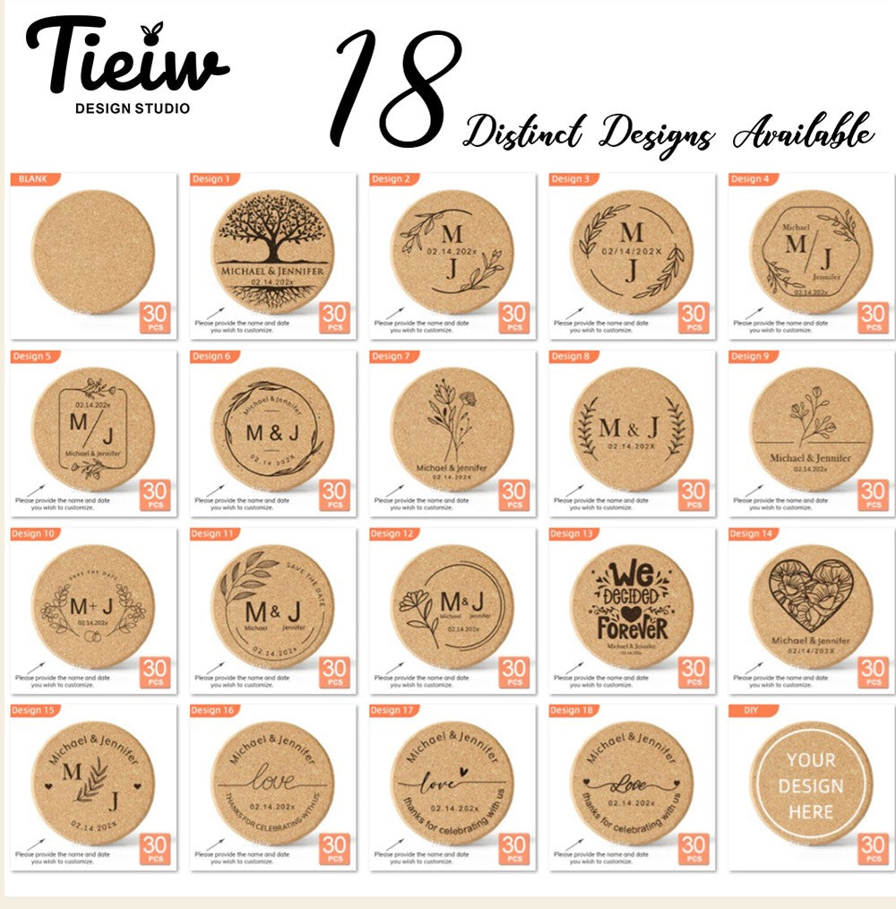 30pcs Personalized Cork Coasters-Tieiw Design-Wedding Favor for Guests Party Bridal Shower Corporate Engraved Coaster Gifts Bulk
