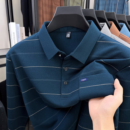 2025 long sleeved men's spring and autumn collar striped pullover top with loose pockets polo shirt