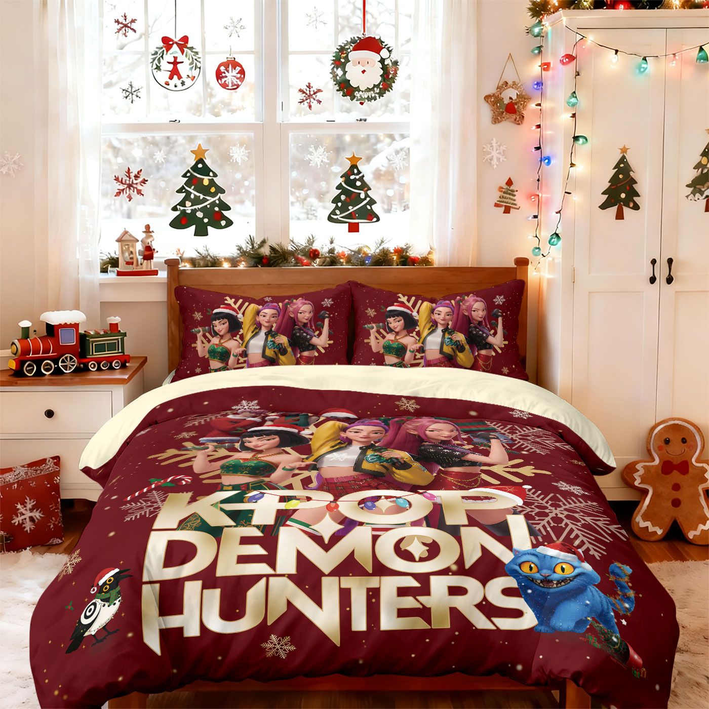 3pcs Christmas K-Pop Demon Hunters Print Coreless Bedding Set Multi Size Bedroom Bedding Decoration Machine Washable