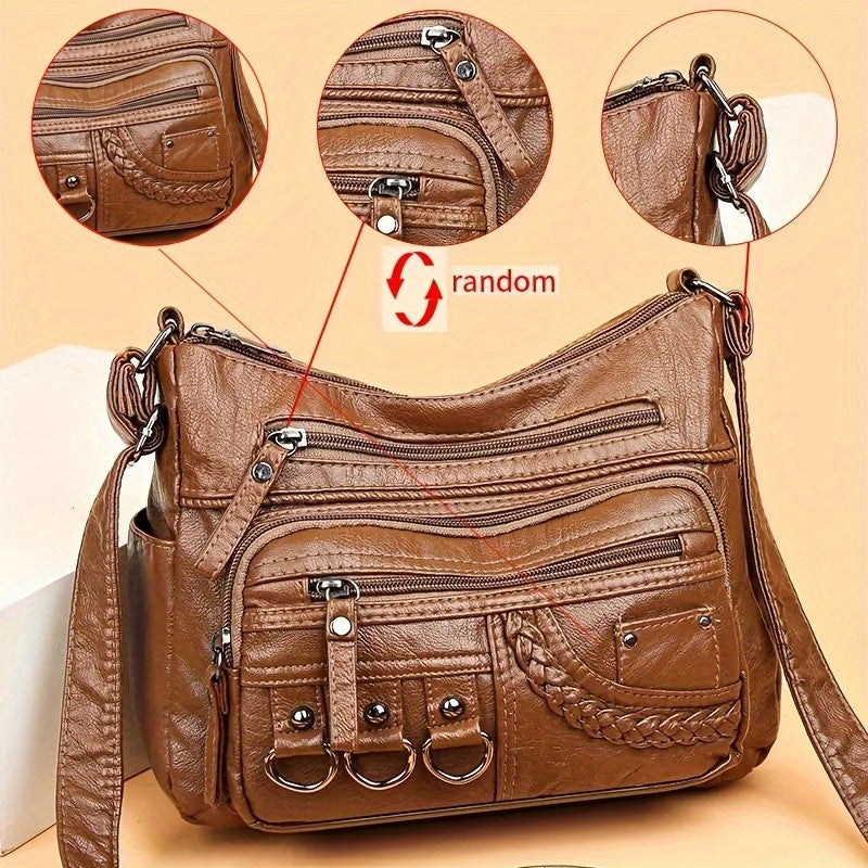 Vintage PU Crossbody Bag, Retro Multi Layer Shoulder Bag, Women's Fashion Handbag & Purse, Female Work Travel Messenger Bag