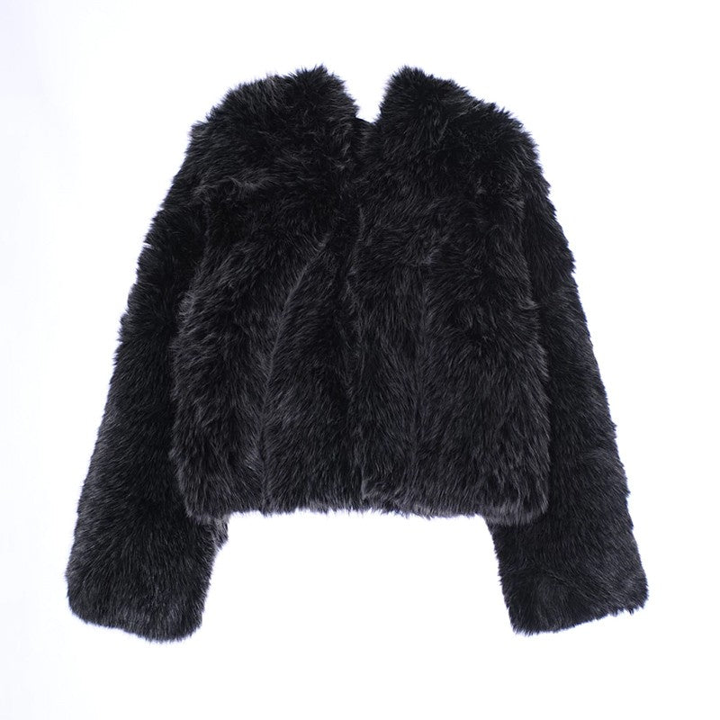 Warm Women's Hooded Faux Fur Cropped Coats Loose V-neck Full Sleeve Thicken Jacket Female 2025 Autumn Winter Lady Luxury Outwear