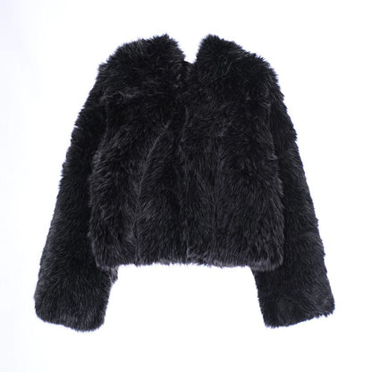 Warm Women's Hooded Faux Fur Cropped Coats Loose V-neck Full Sleeve Thicken Jacket Female 2025 Autumn Winter Lady Luxury Outwear