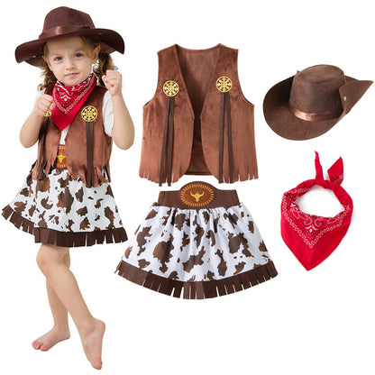 Cowboy Costume for Girls Purim Halloween Toddler Child Cowgirl Cosplay Vest Skirt Party Fancy Dress Carnival Birthday Clothes