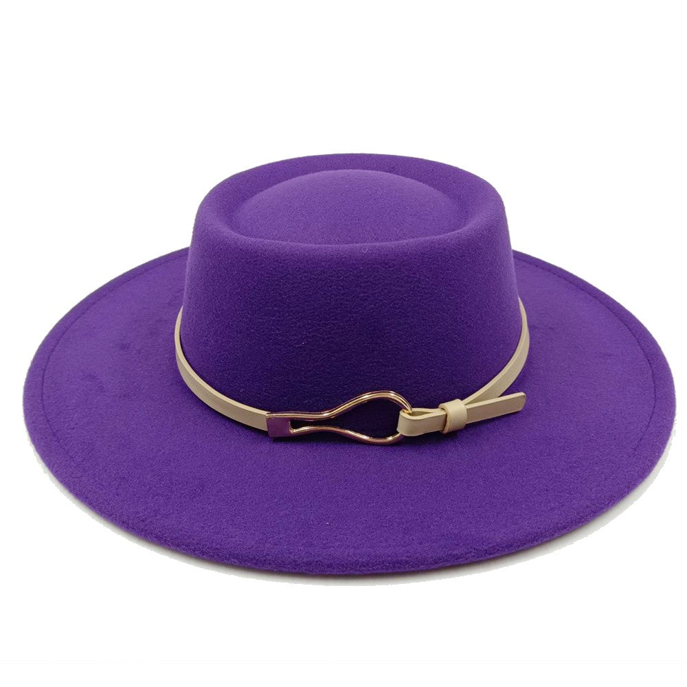 Acessórios femininos de fivela de couro metal com chapéu de feltro de pele com top côncavo e convexo, chapéu fedora e conjunto de bolsa combinando, estilo retrô