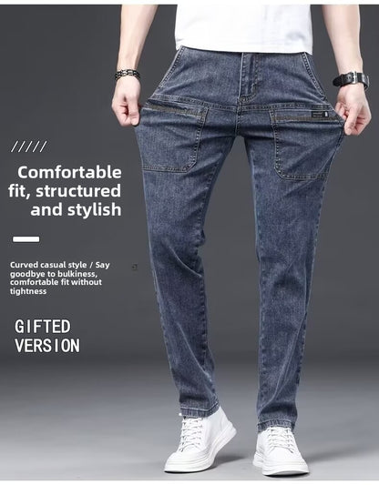 Men's Slim Fit Straight Leg Denim Jeans Flame Retardant Stretch Autumn Thin Faionable Long Pants Casual Wear Youth Sle