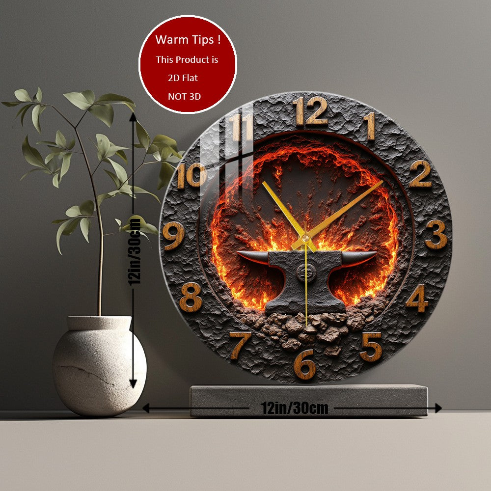 Tempered Glass Wall Clock Clock With Anvil Lava Fire Suitable For Wall Decor or Tabletop Display Anywhere