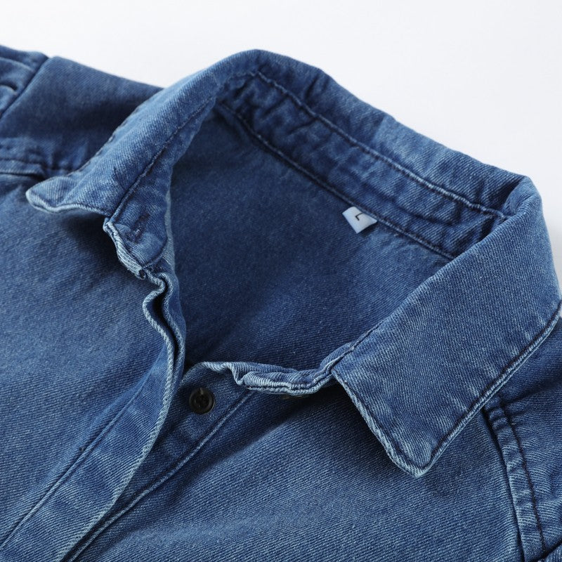 Fashion Denim Women Short Shirt Lapel Half Puff Sleeve Pleated  Turn-down Collar Solid Female Top 2025 Autumn Lady Shirts