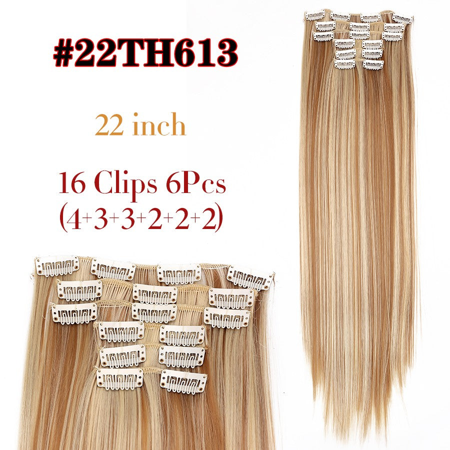 22 Polegadas Sintético Cabelo Liso Longo 16 Clipes 6 Peças/Conjunto Apliques de Cabelo Loiro Preto Resistente ao Calor Para Mulheres