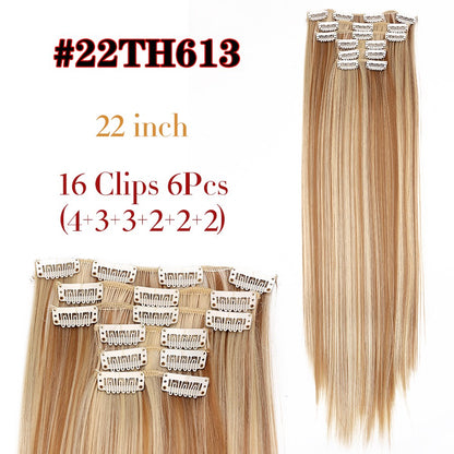 22 Polegadas Sintético Cabelo Liso Longo 16 Clipes 6 Peças/Conjunto Apliques de Cabelo Loiro Preto Resistente ao Calor Para Mulheres
