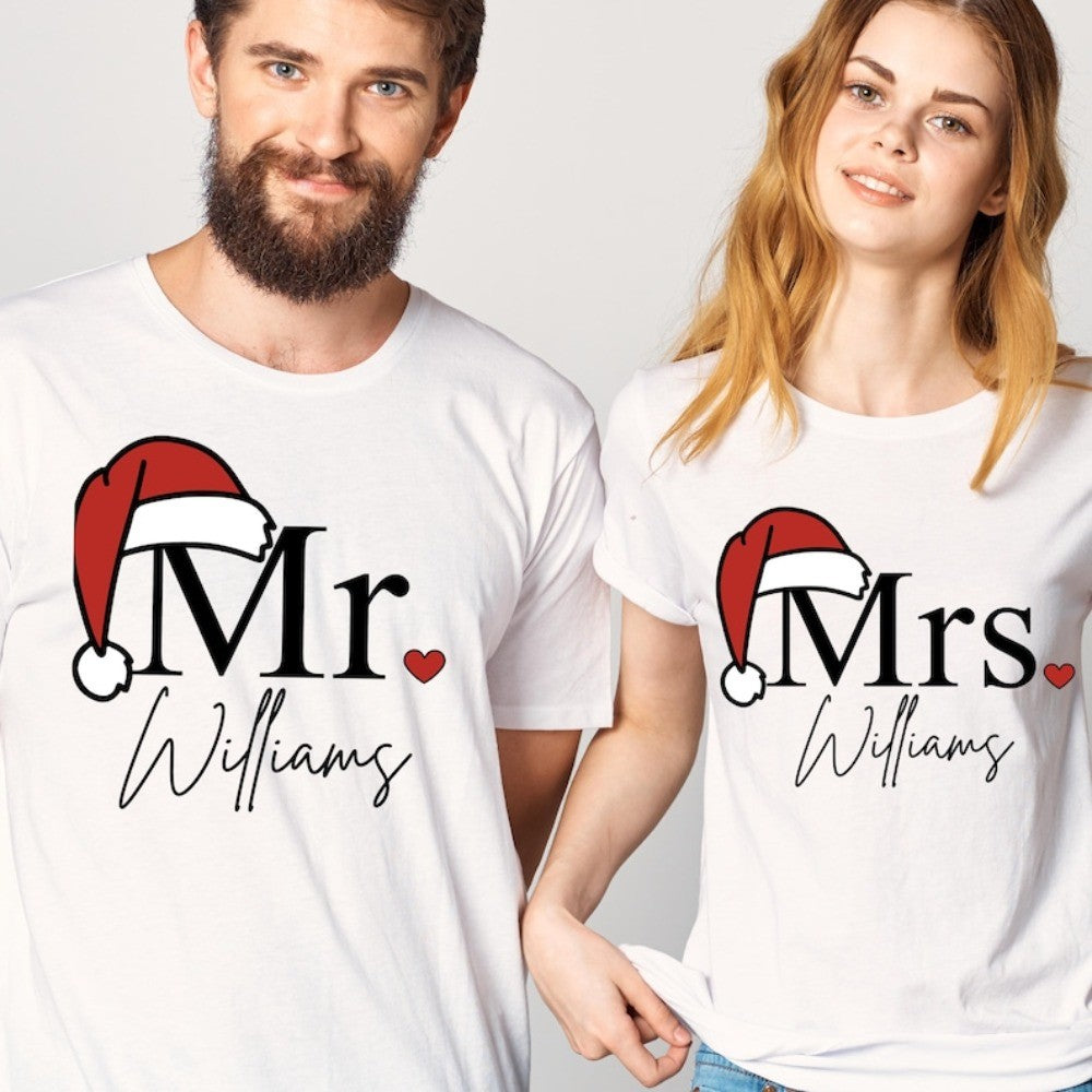 Matching Mr & Mrs Christmas Shirts Personalized Holiday Couple Tees Christmas Couple Costumes Merry Christmas Men Women Tshirt