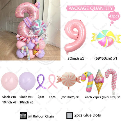 Sweet Pink Lollipop Theme Balloon Column with 32inch Number IcecreamHappy Birthday Party Decora Gifts Supplies