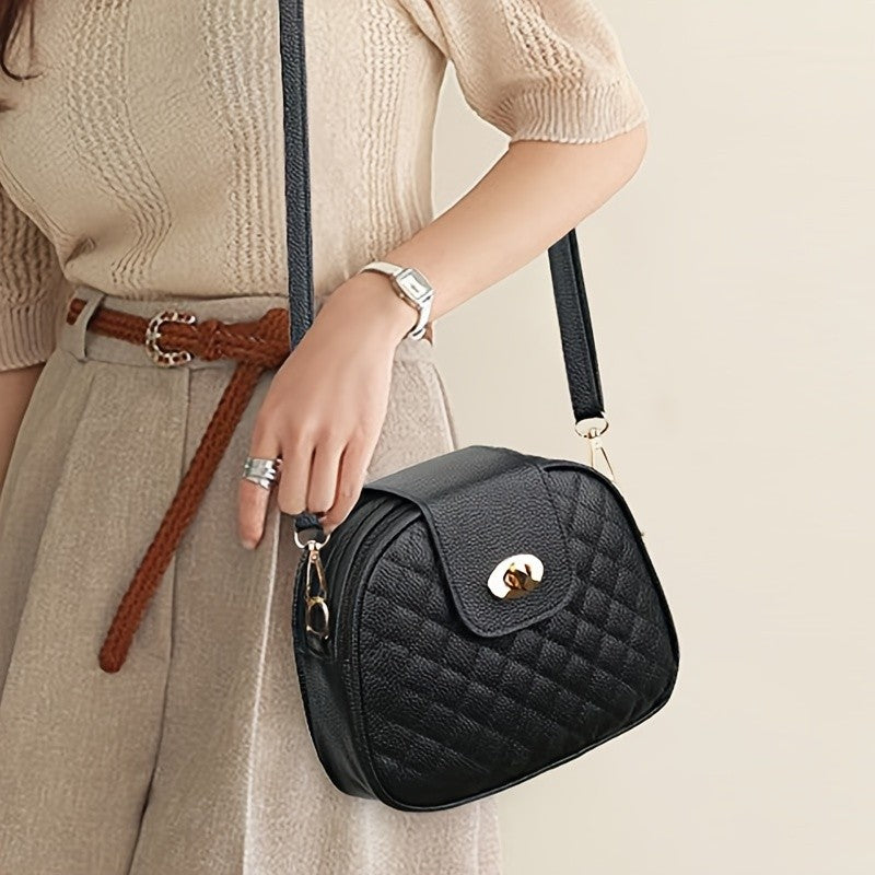 Small Quilted Crossbody Bag, Stylish PU Leather Shoulder Purse with Vintage Round Shape, Trendy Accent - Perfect for Daily Use