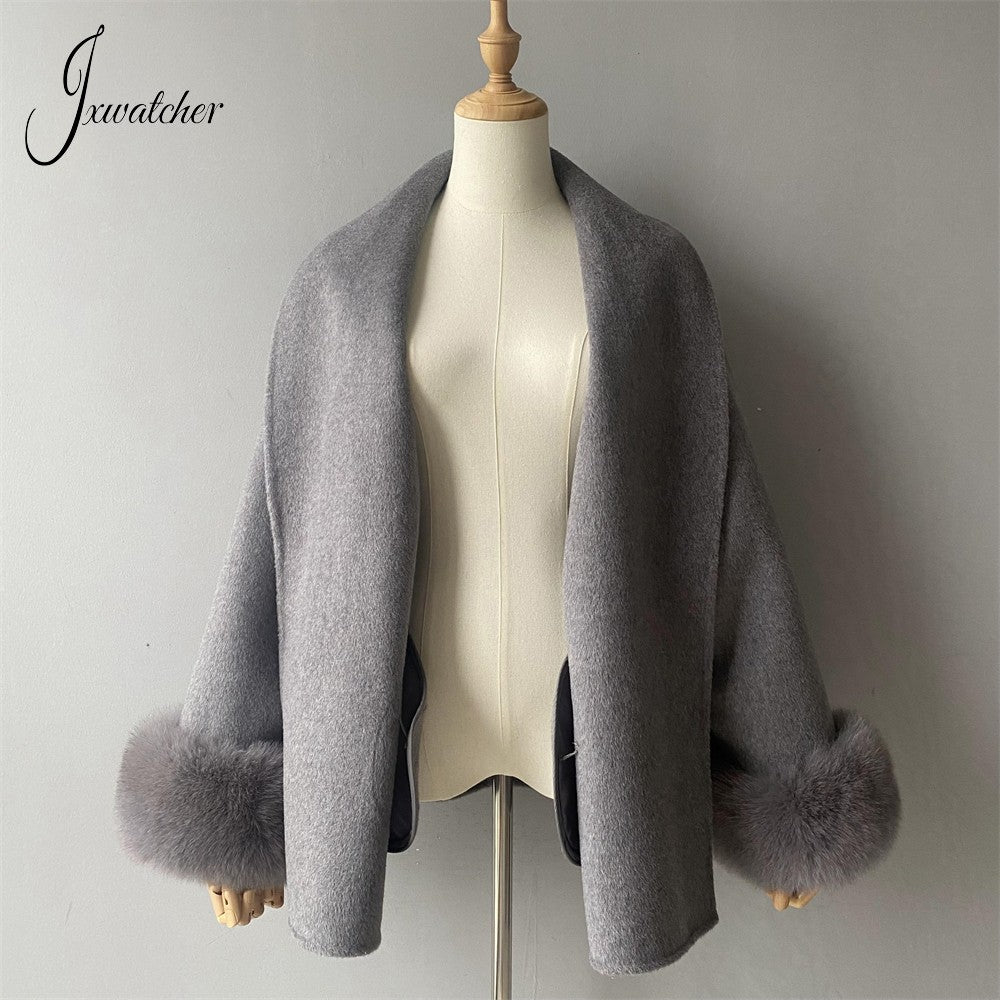 Jxwatcher Women's Wool Coat with Real Fox Fur Cuffs Ladies Elegance Belt Slim Outerwear Fall Winter High-End Wool Coats 2024 New