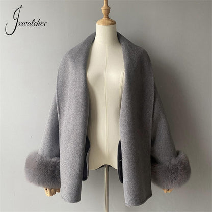 Jxwatcher Women's Wool Coat with Real Fox Fur Cuffs Ladies Elegance Belt Slim Outerwear Fall Winter High-End Wool Coats 2024 New