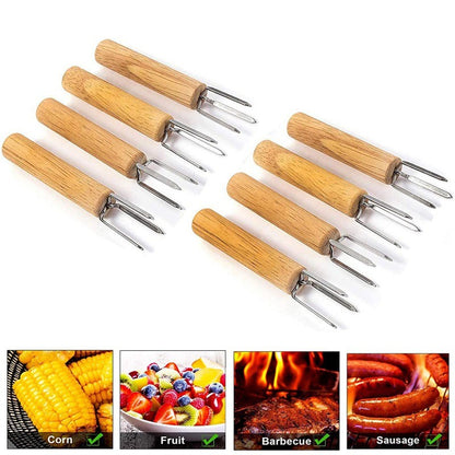 2/4/8Pcs Corn Holders Stainless Steel Wooden Handle Cob Skewers BBQ Anti Scalding Fruit Forks Outdoor Camping Cooking BBQ Tool