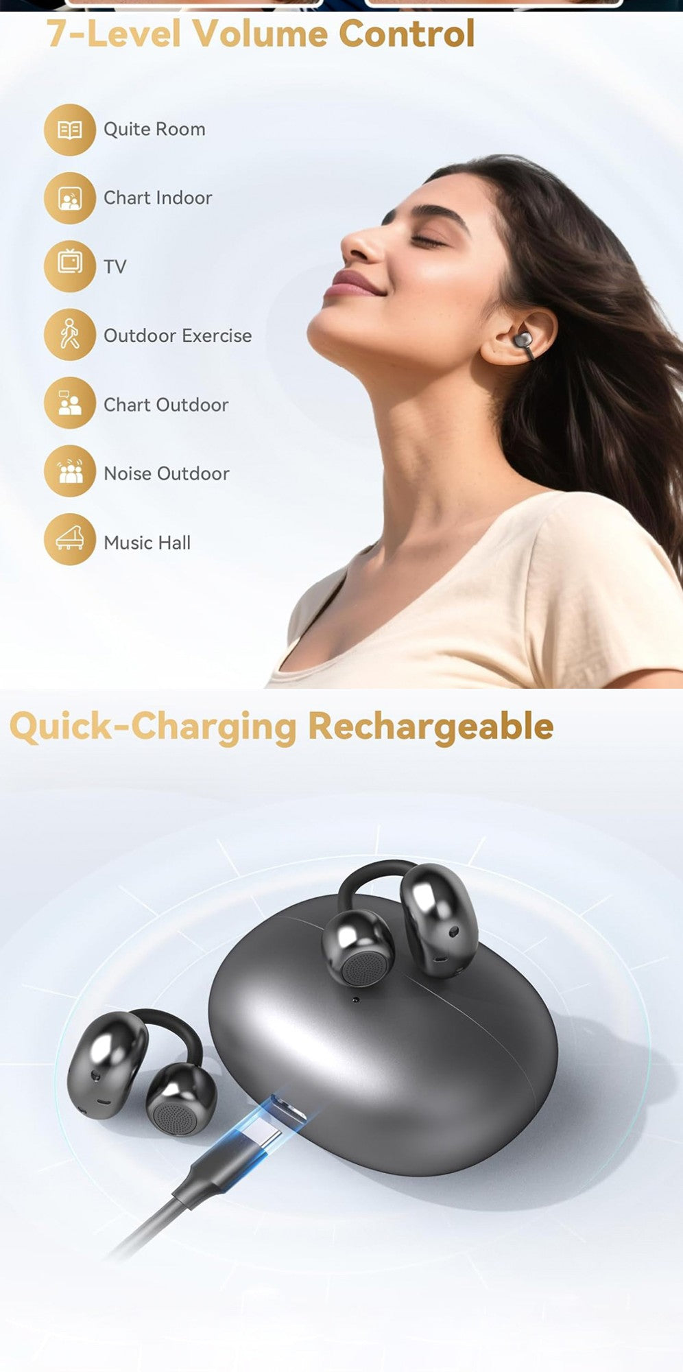 UYUXIO BT 5.4 Clip on Earbuds Wireless Open Ear Headphone with 72H Play Time Long-Battery Life Over Ear Buds for Sport Workouts