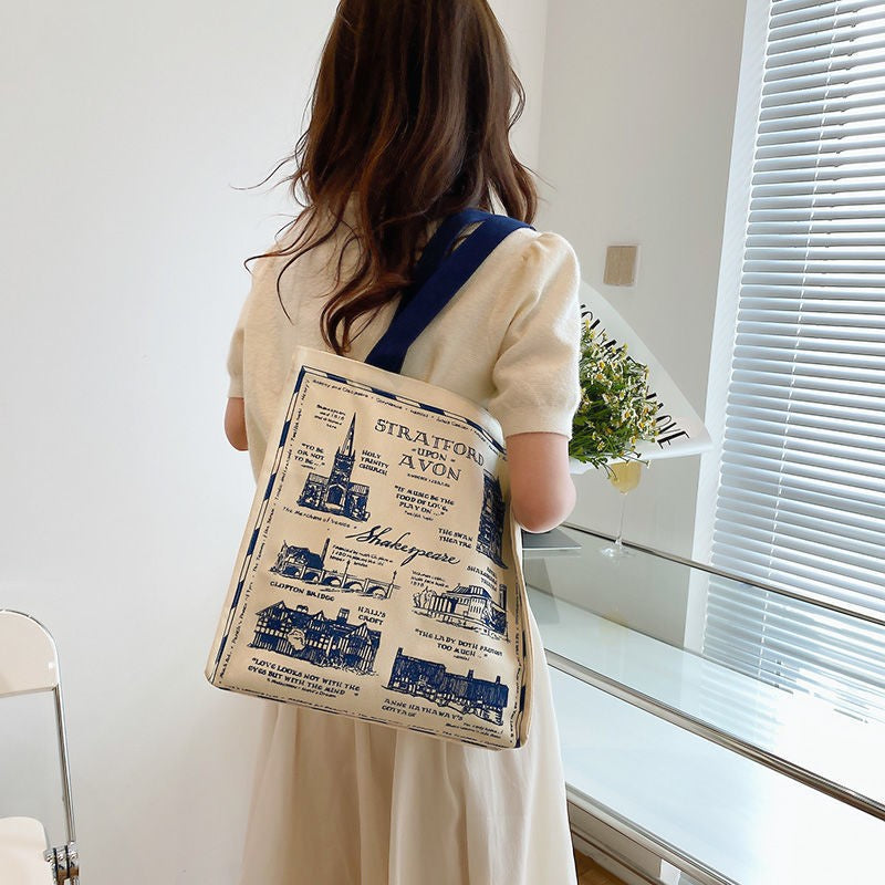 Canvas Women Handbags Shoulder Underarm Bag London Books Print Handbag Large Capacity Ladies Shopping Tote Bag Student Book Bags