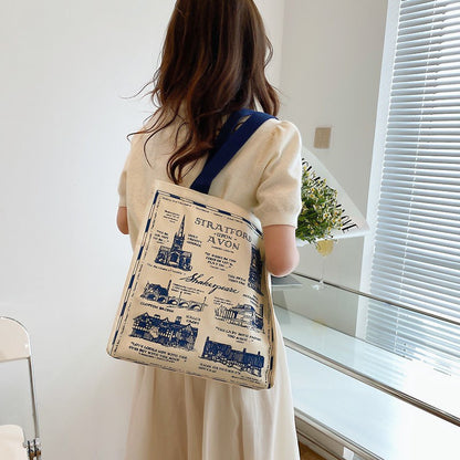 Canvas Women Handbags Shoulder Underarm Bag London Books Print Handbag Large Capacity Ladies Shopping Tote Bag Student Book Bags