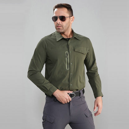 Stretch Men's Shirt Multiple Pockets Quick Drying Shirts High Quality Male Elastic Tooling Shirt Men Clothing Casual Shirts AF54