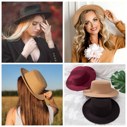 Flat Top Fedoras Hats for Women Solid Color Imitation Woolen Jazz Cap Elegant British Wide Brim Ladies Caps Bowler Hats Fedora