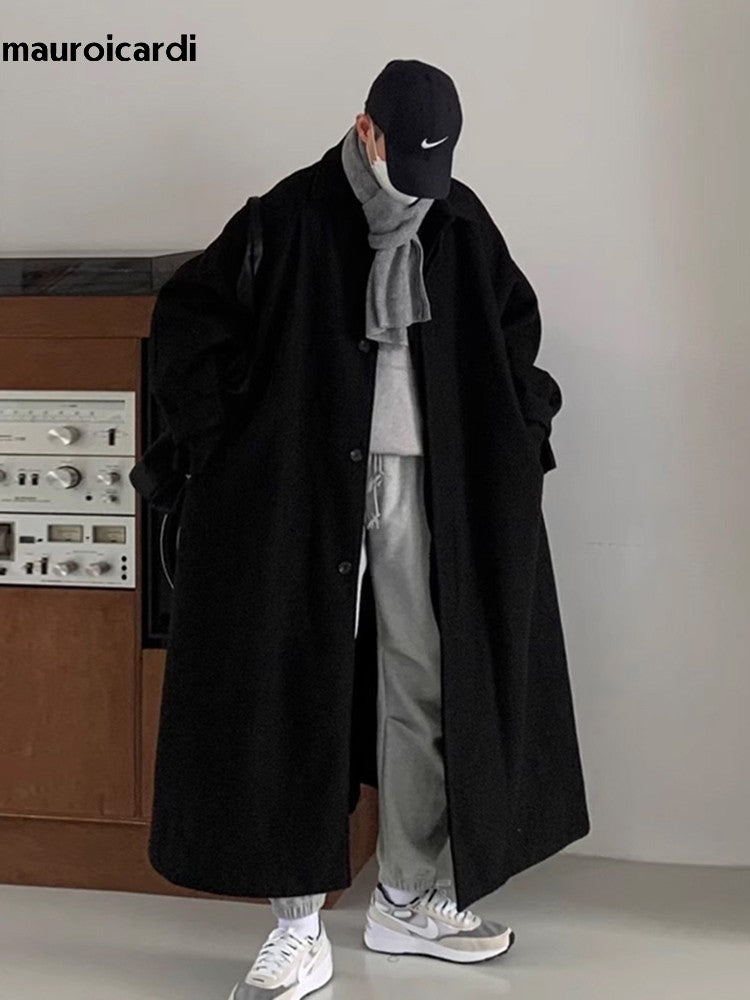 Mauroicardi Autumn Winter Long Warm Grey Black Slouchy Woolen Coat Men Single Breasted Loose Casual Wool Blends Overcoat 2023
