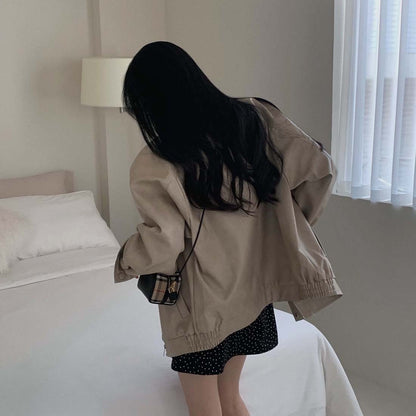 Sli Loose PU Leather Jaet Women's Chic Retro Collar Versatile BF Sle Motorcycle Clothes Trendy Long Sve Zipper