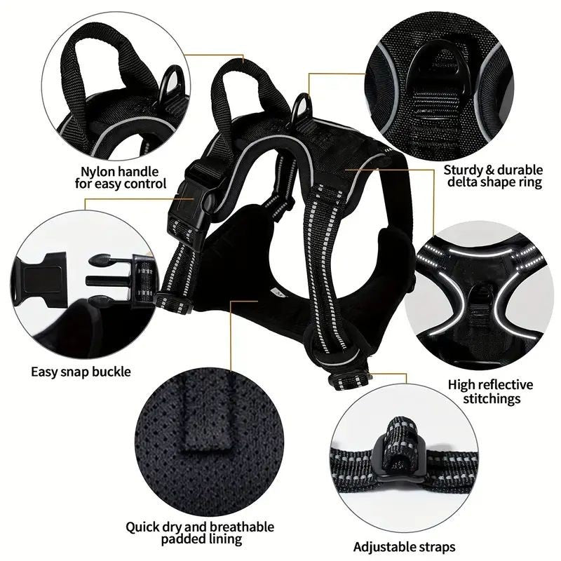 Colete para Cães Antitração com 2 Clip para Guia, Ajustável, Acolchoado Macio, Refletivo Oxford, Não Estrangula, com Alça de Fácil Controle