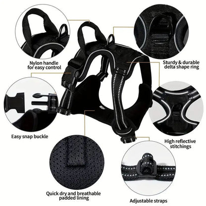 Colete para Cães Antitração com 2 Clip para Guia, Ajustável, Acolchoado Macio, Refletivo Oxford, Não Estrangula, com Alça de Fácil Controle