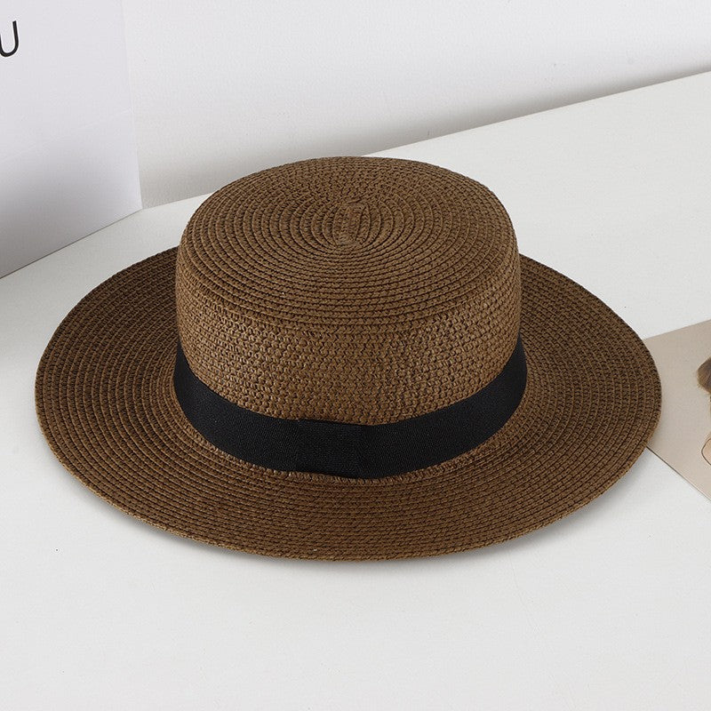 Chapéu de Sol Unissex de Verão com Topo Plano para Mulheres e Homens, Cor Sólida, Aba Larga, Fita Preta, Chapéu de Palha de Praia Dobrável, Bonés Frescos para Férias