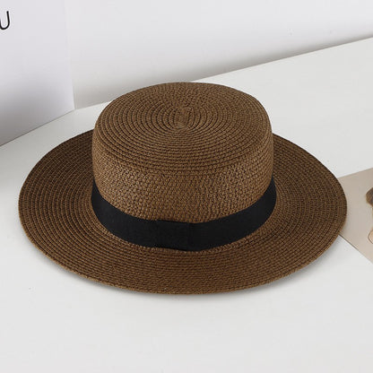 Chapéu de Sol Unissex de Verão com Topo Plano para Mulheres e Homens, Cor Sólida, Aba Larga, Fita Preta, Chapéu de Palha de Praia Dobrável, Bonés Frescos para Férias