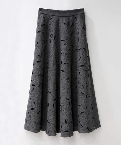 Dark Grey Wool Skirts for women 2024 Autumn Winter Big Swing A-Line Long Skirt Elegant Elastic waist Zipper Hollow Out Skirt