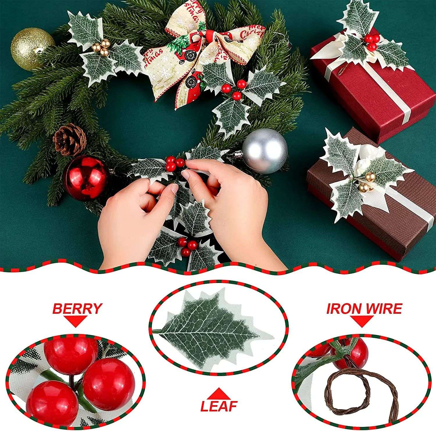 10-100pcs Artificial Holly Berries with Leaves for Christmas Wreath Flower Arrangement Gift Scrapbooking Decor Fake 5/6cm
