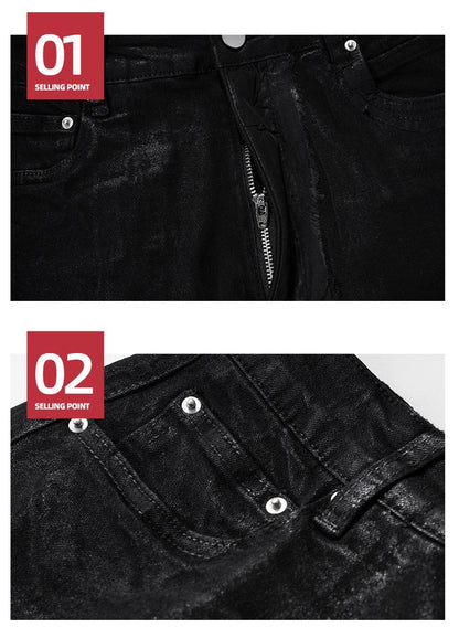 MIJKO Black Wax Leather Strecth Jeans for Men Women Baggy Flare Pants Oversized Straight Denim Trousers ZJ004