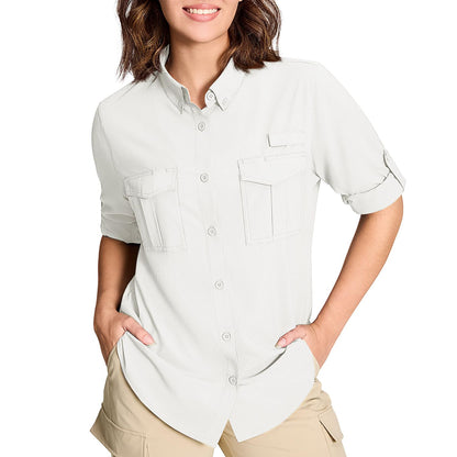 TACVASEN Womens UPF 50+ Fishing Shirts UV Block Quick Dry Long Sleeve Cargo Shirts Breathable Mesh Outdoor Trekking Hiking Shirt