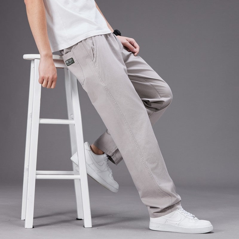 Calças Casuais Grandes Masculinas Cintura Elástica Perna Reta Ajustada Calças de Verão Masculinas Soltas de Algodão Roupa de Trabalho Plus Size Grande 6XL Cáqui Claro