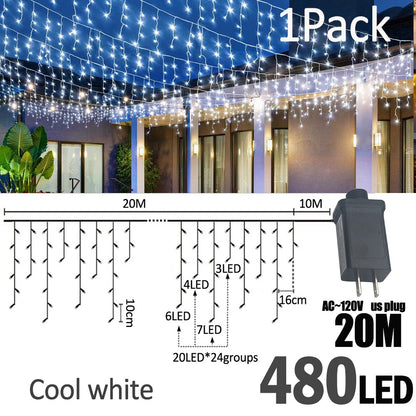 LED Christmas Icicle Curtain String Lights 20M+10M 480LED Extens 8Modes, Plug in Waterproof for Wedding Party Home Garden