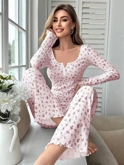 Autumn Winter Pajamas Set Women Sleepwear Floral Print Lettuce Trim Top with Long Pant Lovely Loungewear Full Sleeve Nightwear