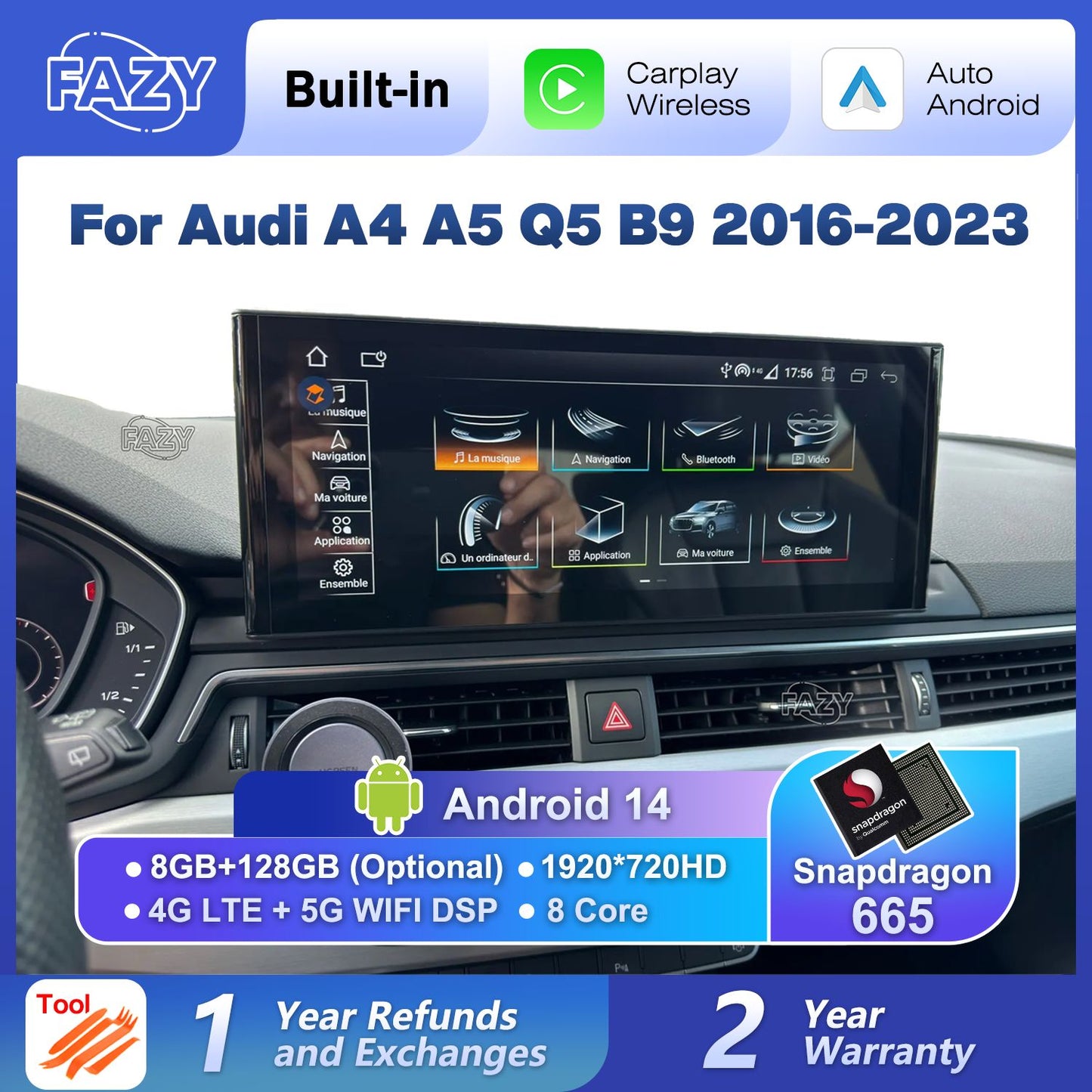 Tela sensível ao toque Android 14 Carplay de 12,3 polegadas para Audi A4 A5 Q5 B9 2016-2023, rádio estéreo de carro, reprodutor multimídia, Wi-Fi, 4G, navegação GPS