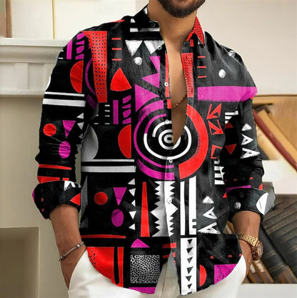 New Men's Casual Shirt Long Sleeves Ethnic Style Button Collar Shirt Vintage Shirt Fashion Men's Clothing Casual Top